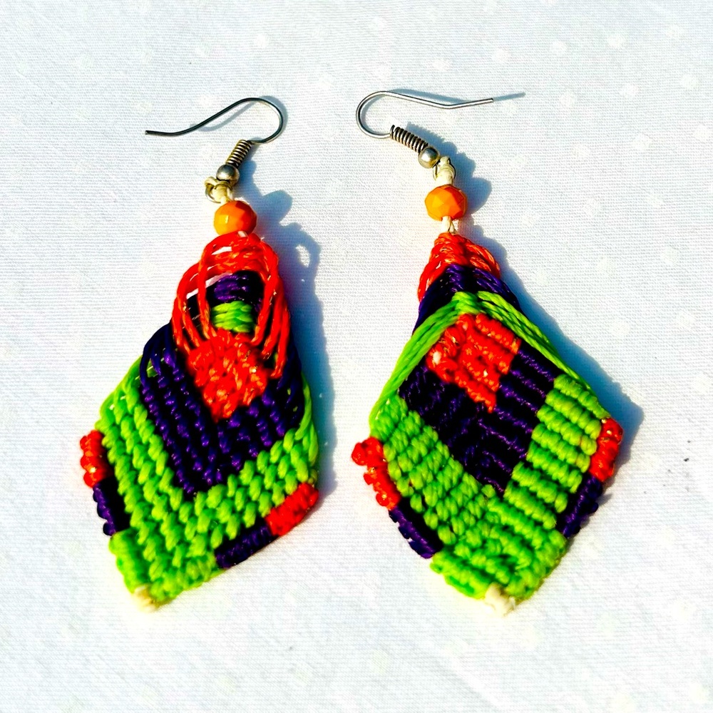 Macrame Earrings Green Pink Wood Bead Handcrafted